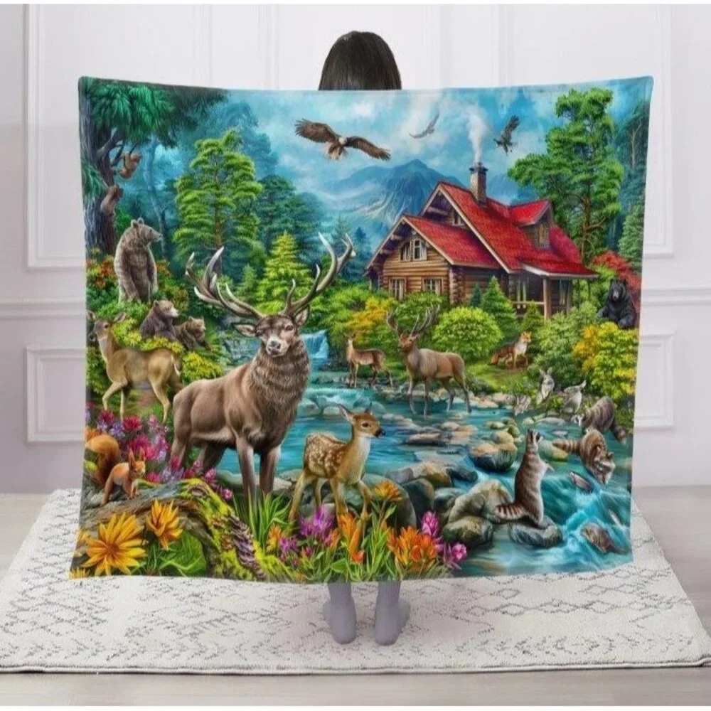 New Deer Forest Throw Blanket Wildlife Scene Fawn Bear Cabin Plush Outdoors NIP